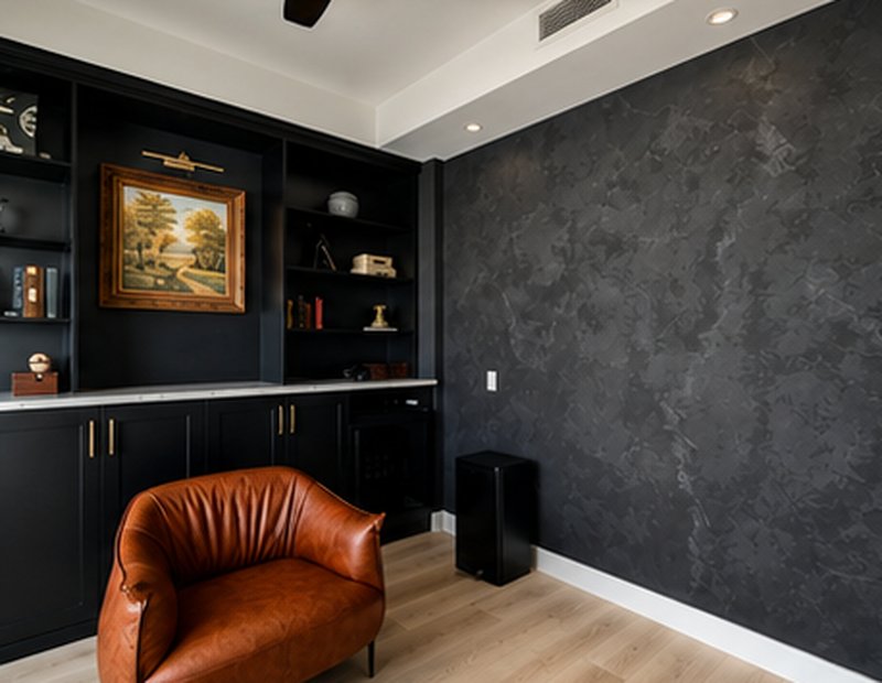 Home office with deep charcoal limewash accent wall after